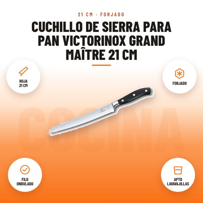 Cuchillo de sierra para pan Victorinox Grand Maître 21 cm: imagen promocional con hoja 21 cm, forjado, filo ondulado, apto lavavajillas
