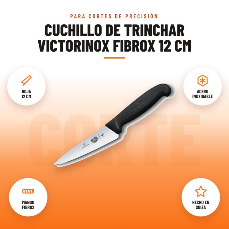 Cuchillo de Trinchar Victorinox Fibrox 12 cm: imagen promocional con hoja 12 cm, acero inoxidable, mango fibrox, hecho en suiza