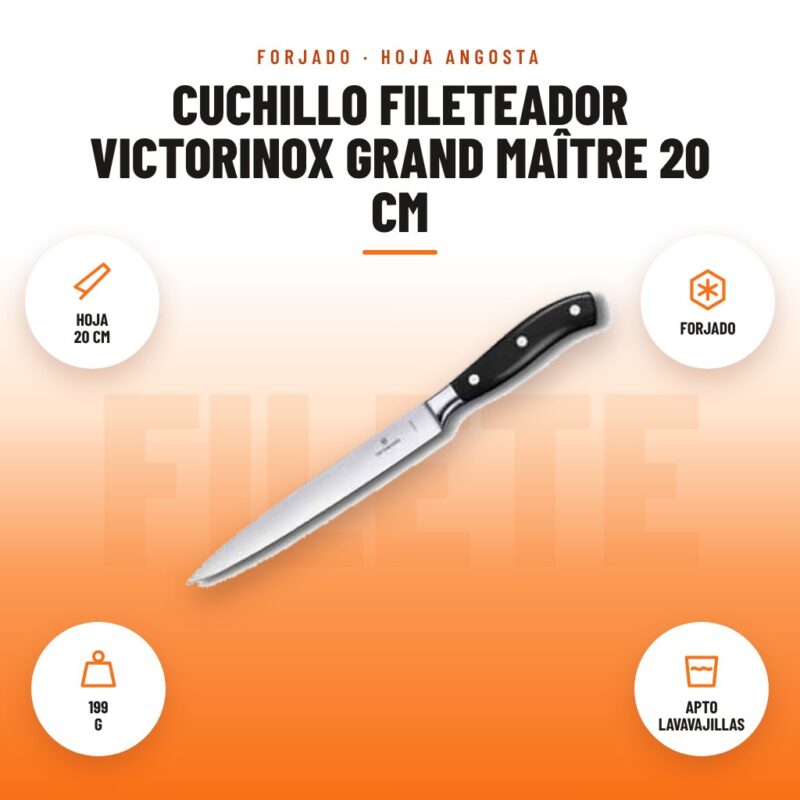 Cuchillo Fileteador Victorinox Grand Maître 20 cm: imagen promocional con hoja 20 cm, forjado, 199 g, apto lavavajillas