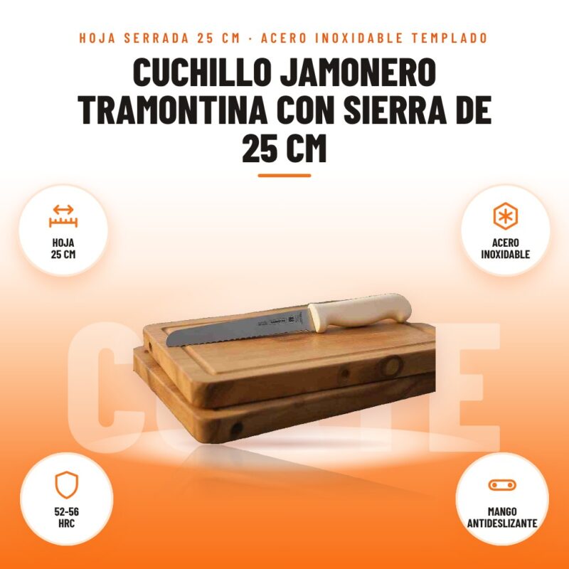 Cuchillo Jamonero Tramontina con Sierra de 25 cm: imagen promocional con hoja 25 cm, acero inoxidable, 52-56 hrc, mango antideslizante