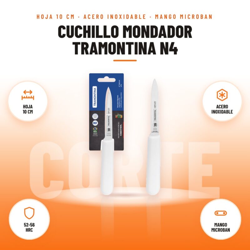 Cuchillo Mondador Tramontina N4: imagen promocional con hoja 10 cm, acero inoxidable, 52-56 hrc, mango microban