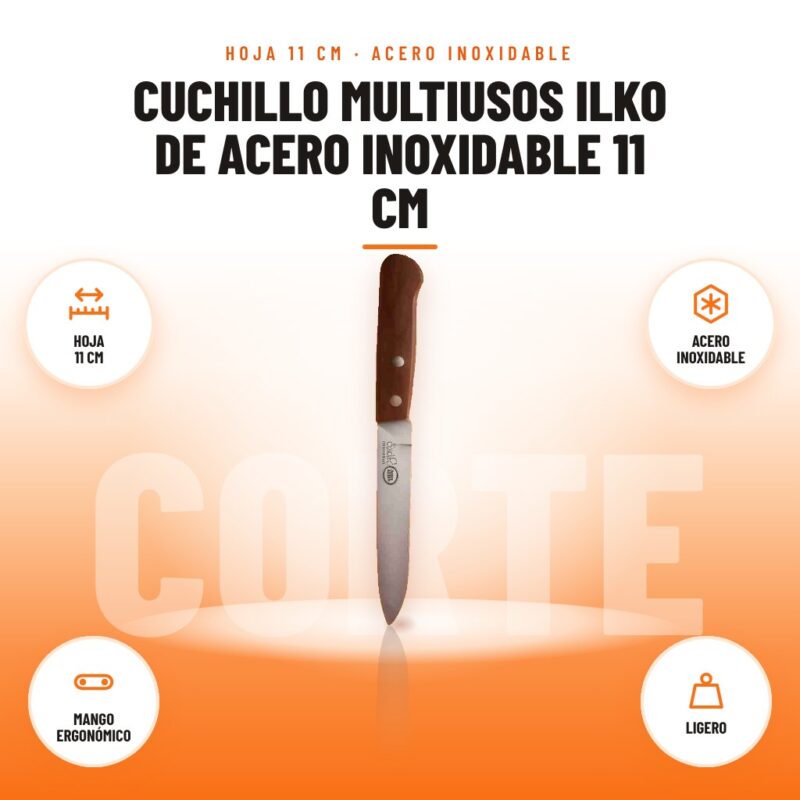 Cuchillo Multiusos Ilko de Acero Inoxidable 11 cm: imagen promocional con hoja 11 cm, acero inoxidable, mango ergonómico, ligero