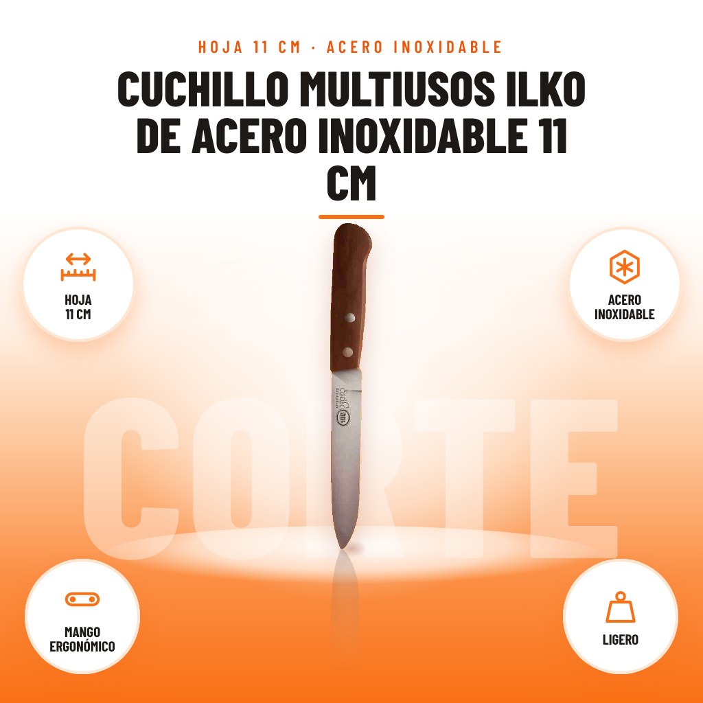 Cuchillo Multiusos Ilko de Acero Inoxidable 11 cm: imagen promocional con hoja 11 cm, acero inoxidable, mango ergonómico, ligero