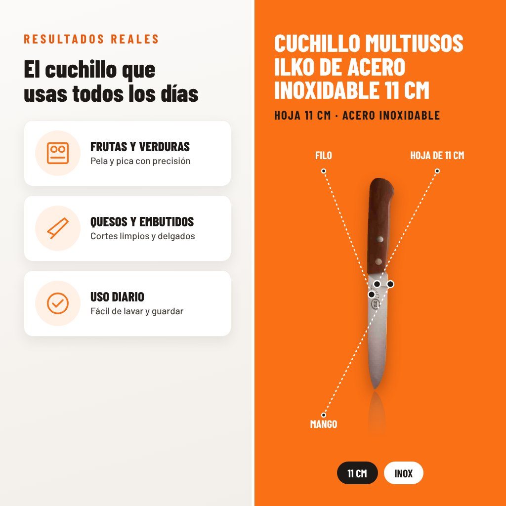 Cuchillo Multiusos Ilko de Acero Inoxidable 11 cm: resultados de uso y características técnicas señaladas