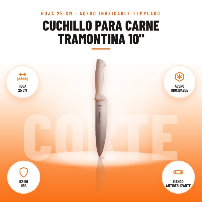 Cuchillo para Carne Tramontina 10": imagen promocional con hoja 25 cm, acero inoxidable, 52-56 hrc, mango antideslizante