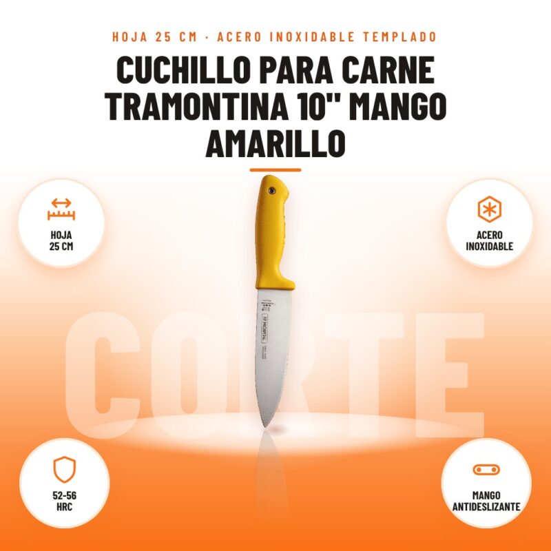 Cuchillo para Carne Tramontina 10" Mango Amarillo: imagen promocional con hoja 25 cm, acero inoxidable, 52-56 hrc, mango antideslizante