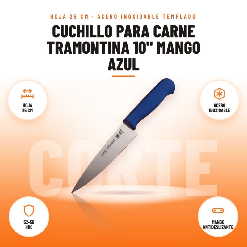Cuchillo para Carne Tramontina 10" Mango Azul: imagen promocional con hoja 25 cm, acero inoxidable, 52-56 hrc, mango antideslizante