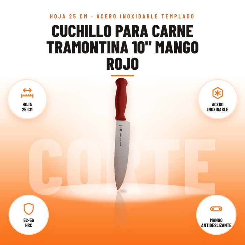 Cuchillo para Carne Tramontina 10" Mango Rojo: imagen promocional con hoja 25 cm, acero inoxidable, 52-56 hrc, mango antideslizante