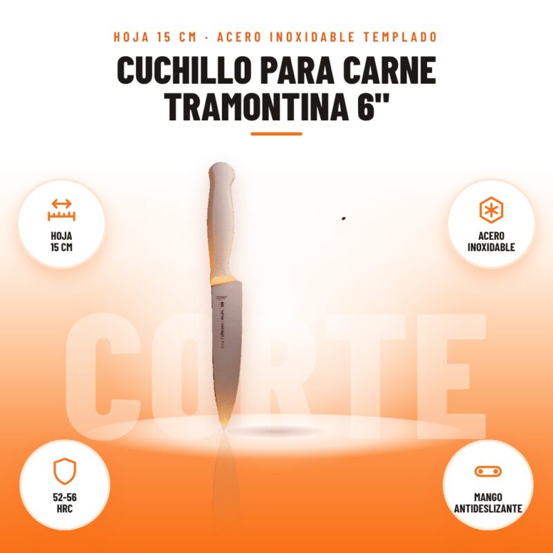 Cuchillo para Carne Tramontina 6": imagen promocional con hoja 15 cm, acero inoxidable, 52-56 hrc, mango antideslizante