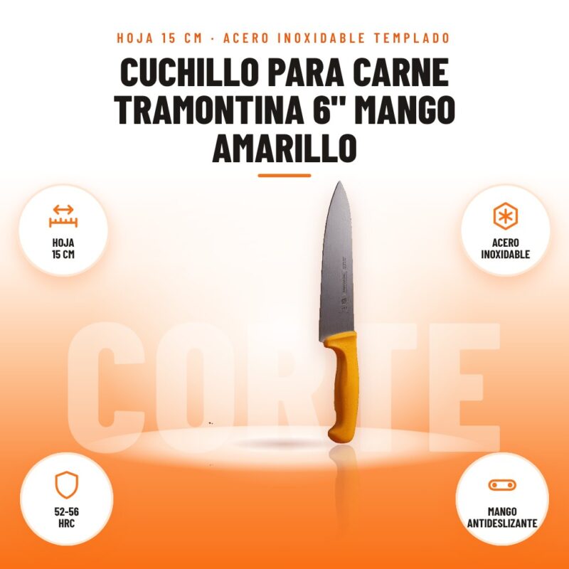 Cuchillo para Carne Tramontina 6" Mango Amarillo: imagen promocional con hoja 15 cm, acero inoxidable, 52-56 hrc, mango antideslizante