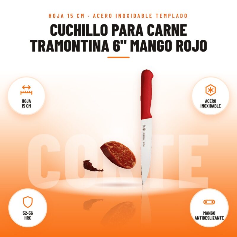 Cuchillo para Carne Tramontina 6" Mango Rojo: imagen promocional con hoja 15 cm, acero inoxidable, 52-56 hrc, mango antideslizante