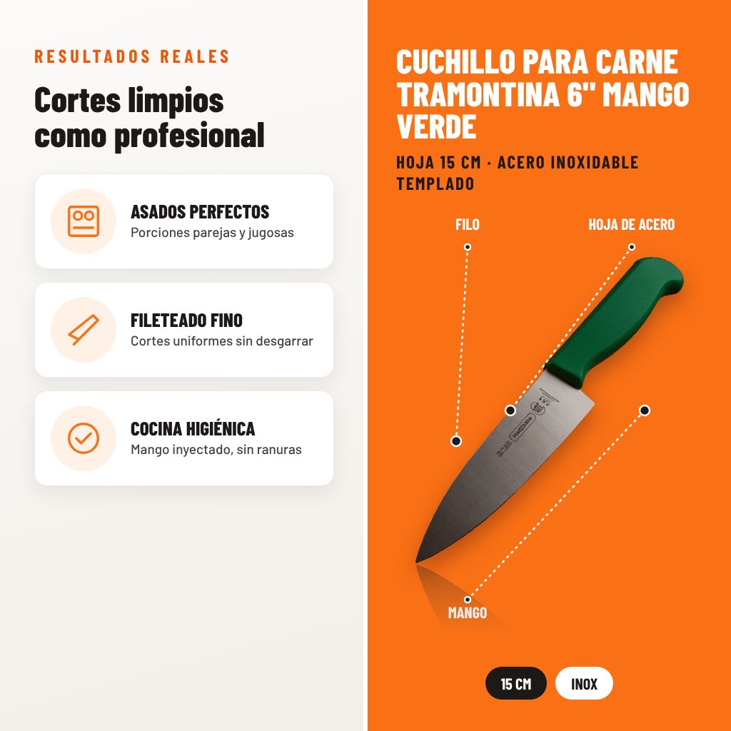 Cuchillo para Carne Tramontina 6" Mango Verde: resultados de uso y características técnicas señaladas