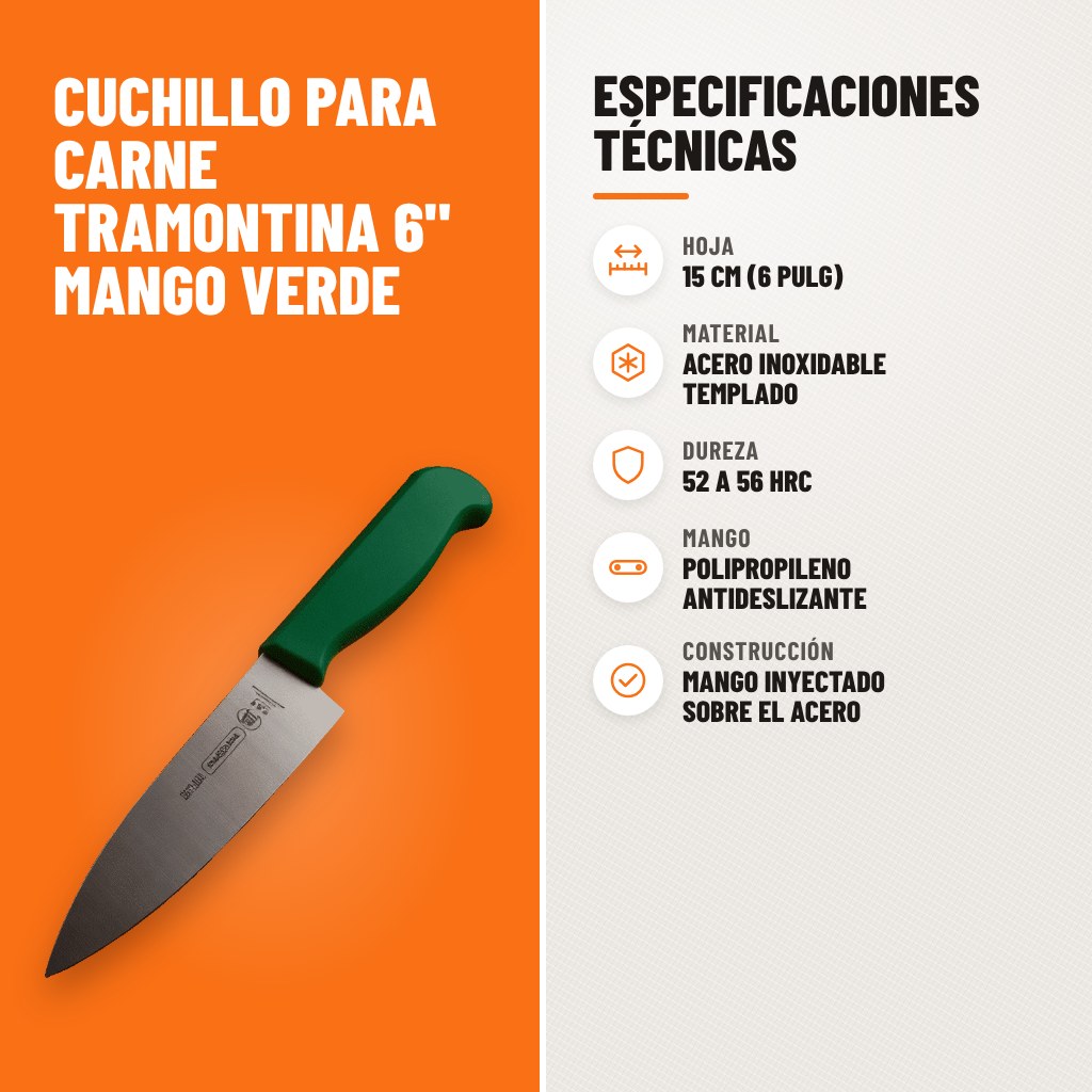 Especificaciones técnicas de Cuchillo para Carne Tramontina 6" Mango Verde