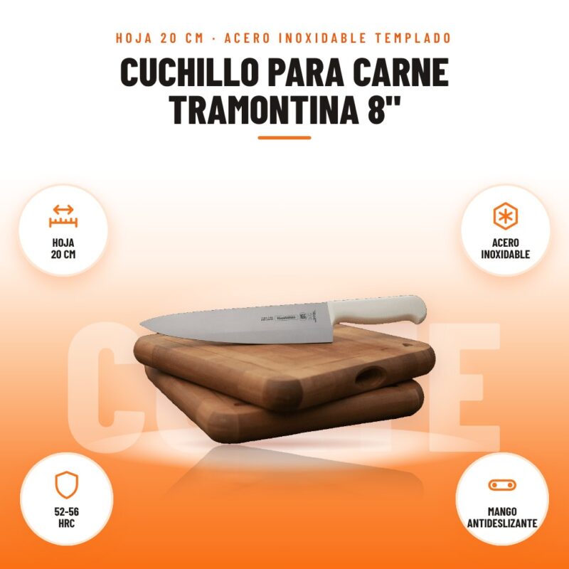 Cuchillo para Carne Tramontina 8": imagen promocional con hoja 20 cm, acero inoxidable, 52-56 hrc, mango antideslizante
