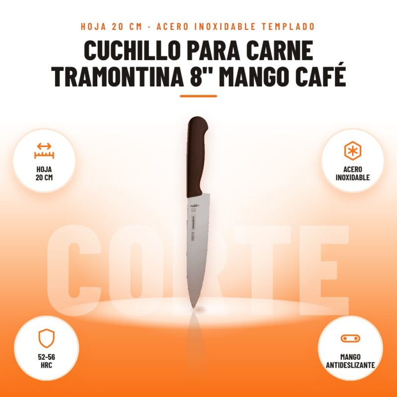 Cuchillo para Carne Tramontina 8" Mango Café: imagen promocional con hoja 20 cm, acero inoxidable, 52-56 hrc, mango antideslizante