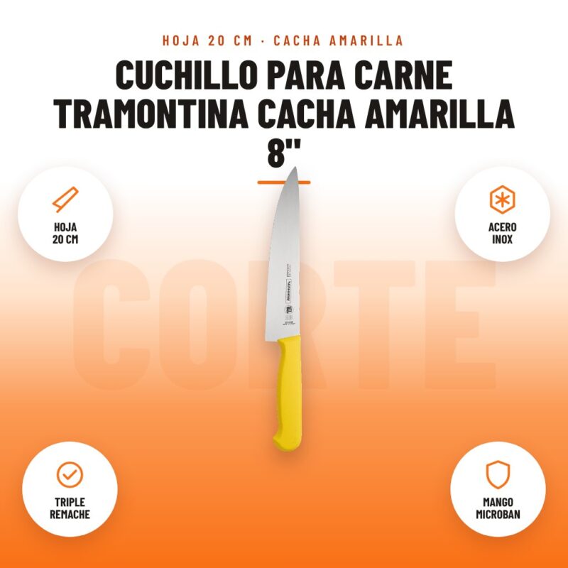 Cuchillo para Carne Tramontina Cacha Amarilla 8": imagen promocional con hoja 20 cm, acero inox, triple remache, mango microban