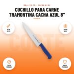 Cuchillo para Carne Tramontina Cacha Azul 8": imagen promocional con hoja 20 cm, acero inox, triple remache, mango microban