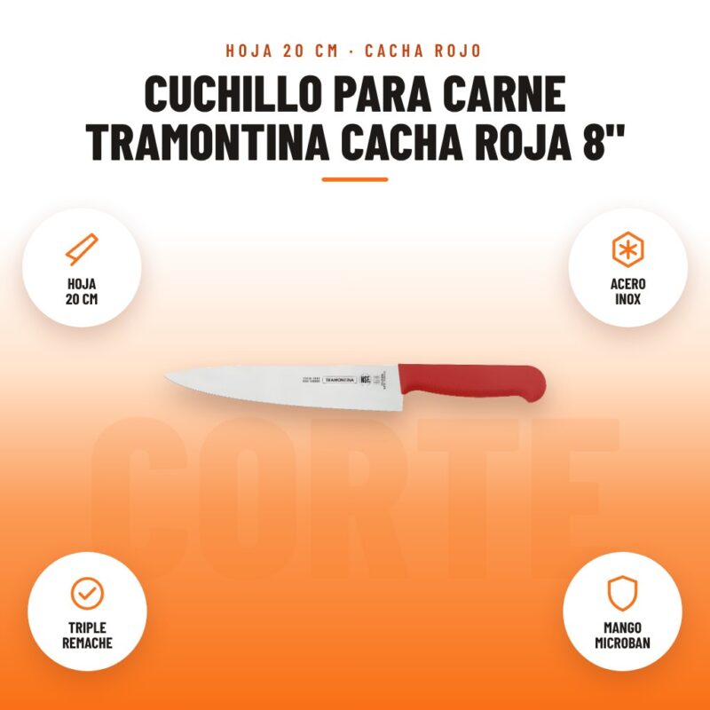 Cuchillo para Carne Tramontina Cacha Roja 8": imagen promocional con hoja 20 cm, acero inox, triple remache, mango microban