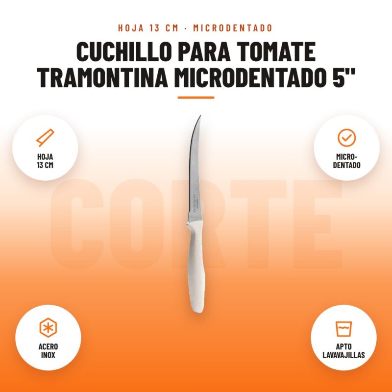 Cuchillo para Tomate Tramontina Microdentado 5": imagen promocional con hoja 13 cm, micro- dentado, acero inox, apto lavavajillas