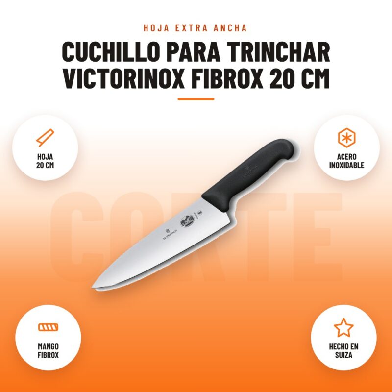 Cuchillo para Trinchar Victorinox Fibrox 20 cm: imagen promocional con hoja 20 cm, acero inoxidable, mango fibrox, hecho en suiza