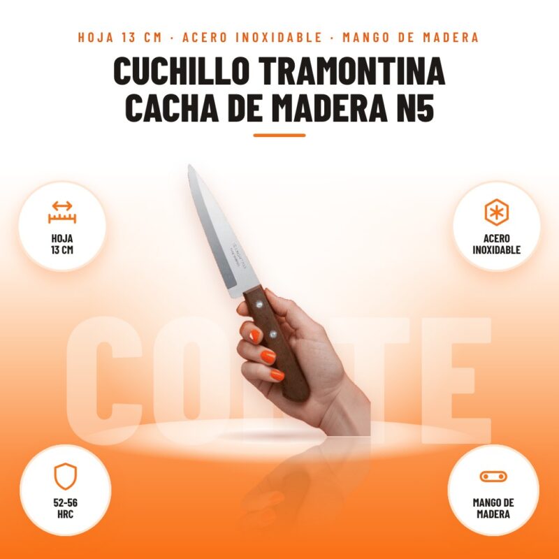 Cuchillo Tramontina Cacha de Madera N5: imagen promocional con hoja 13 cm, acero inoxidable, 52-56 hrc, mango de madera