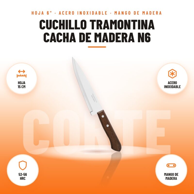 Cuchillo Tramontina Cacha de Madera N6: imagen promocional con hoja 15 cm, acero inoxidable, 52-56 hrc, mango de madera