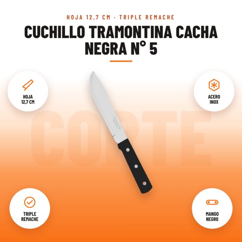 Cuchillo Tramontina Cacha Negra N° 5: imagen promocional con hoja 12,7 cm, acero inox, triple remache, mango negro
