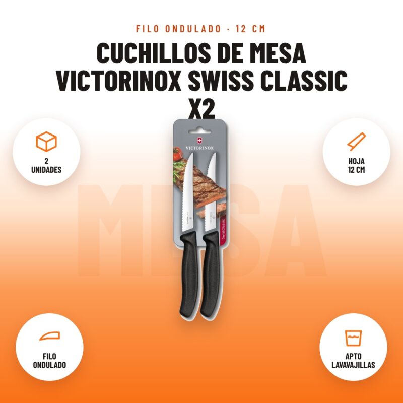 Cuchillos de Mesa Victorinox Swiss Classic x2: imagen promocional con 2 unidades, hoja 12 cm, filo ondulado, apto lavavajillas
