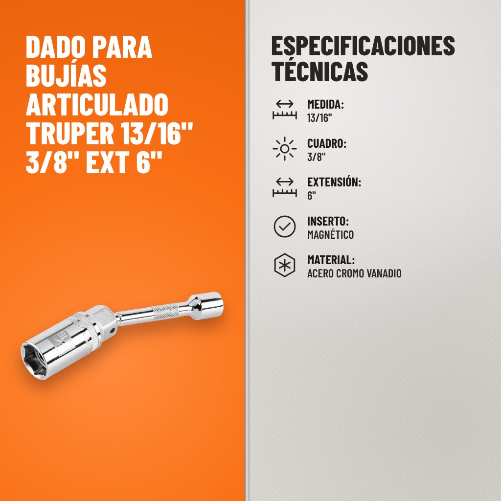 Especificaciones técnicas de Dado para Bujías Articulado Truper 13/16" 3/8" Ext 6"