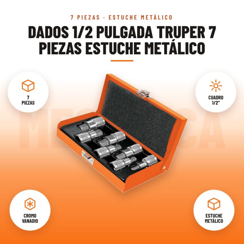 Dados 1/2 Pulgada Truper 7 Piezas Estuche Metálico: imagen promocional con 7 piezas, cuadro 1/2", cromo vanadio, estuche metálico