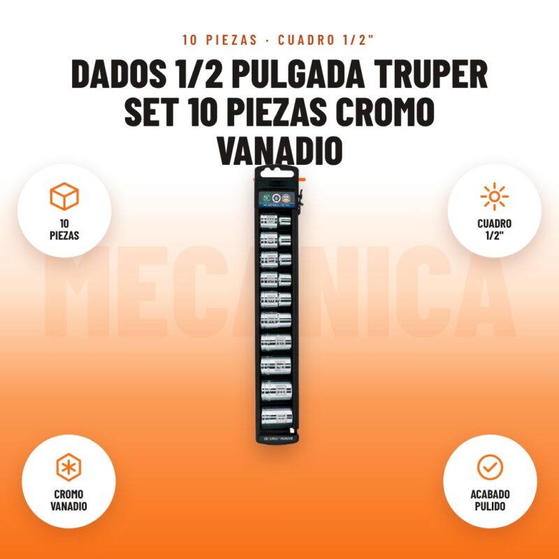 Dados 1/2 Pulgada Truper Set 10 Piezas Cromo Vanadio: imagen promocional con 10 piezas, cuadro 1/2", cromo vanadio, acabado pulido