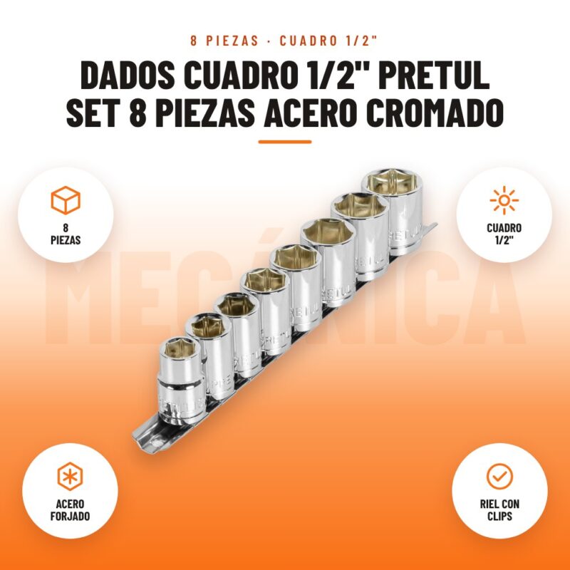Dados Cuadro 1/2" Pretul Set 8 Piezas Acero Cromado: imagen promocional con 8 piezas, cuadro 1/2", acero forjado, riel con clips