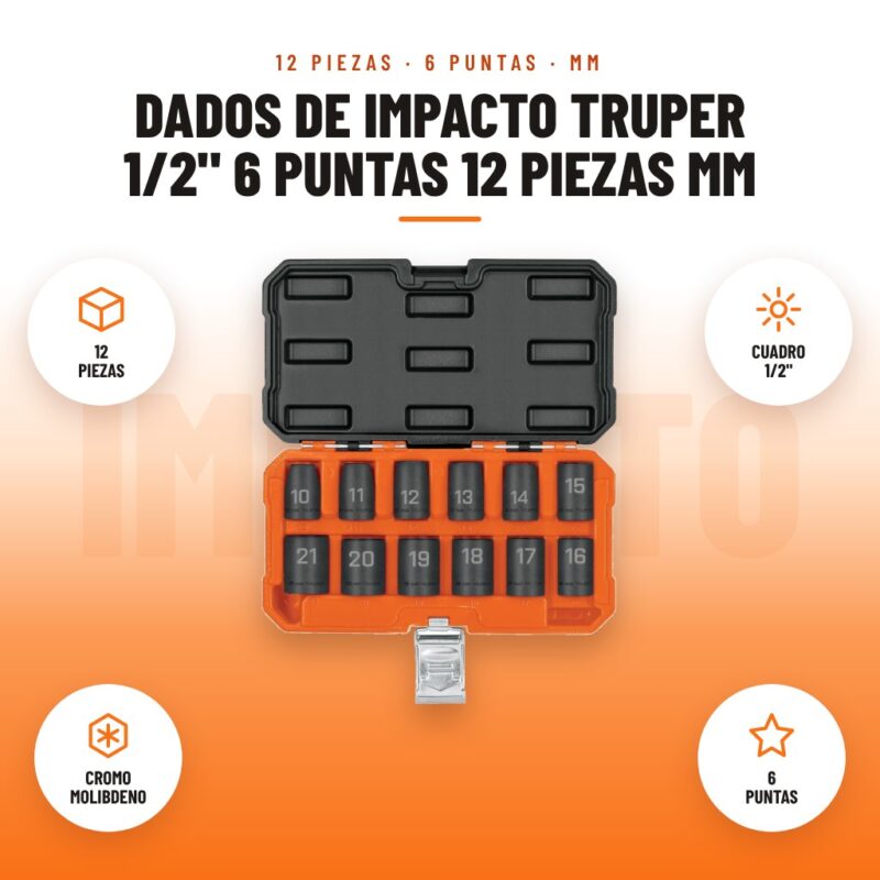 Dados de Impacto Truper 1/2" 6 Puntas 12 Piezas mm: imagen promocional con 12 piezas, cuadro 1/2", cromo molibdeno, 6 puntas