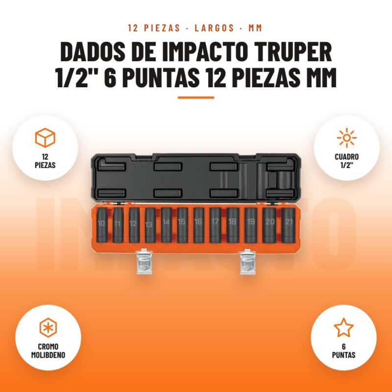 Dados de Impacto Truper 1/2" 6 Puntas 12 Piezas mm: imagen promocional con 12 piezas, cuadro 1/2", cromo molibdeno, 6 puntas