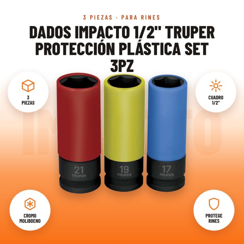 Dados Impacto 1/2" Truper Protección Plástica Set 3pz: imagen promocional con 3 piezas, cuadro 1/2", cromo molibdeno, protege rines