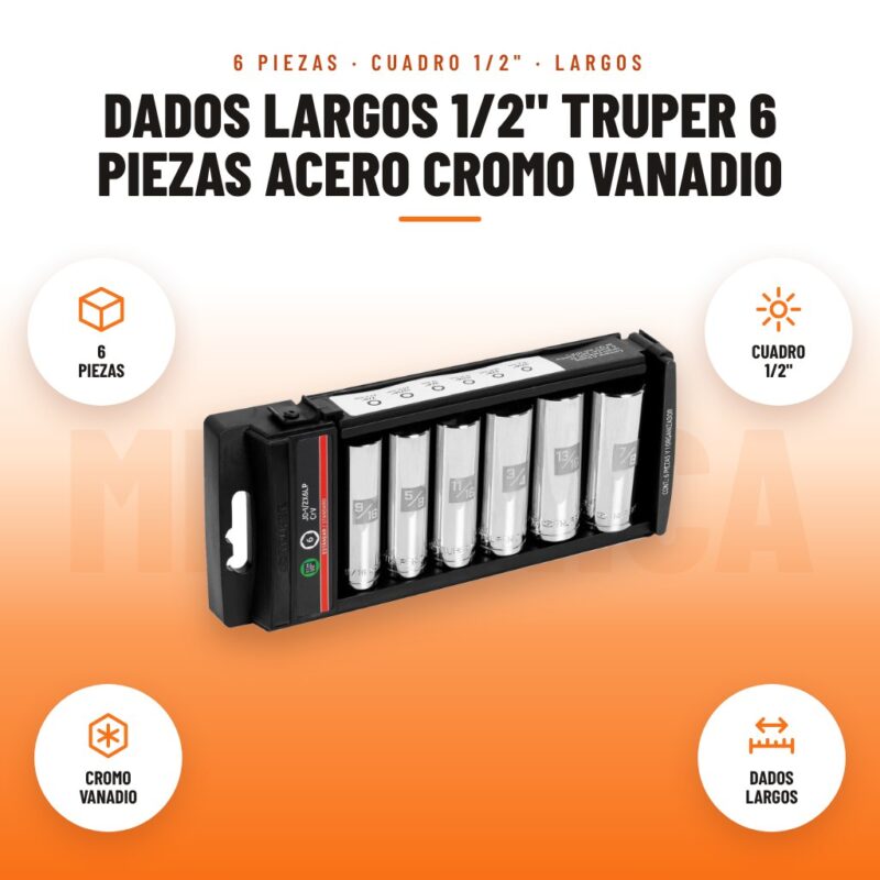 Dados Largos 1/2" Truper 6 piezas Acero Cromo Vanadio: imagen promocional con 6 piezas, cuadro 1/2", cromo vanadio, dados largos