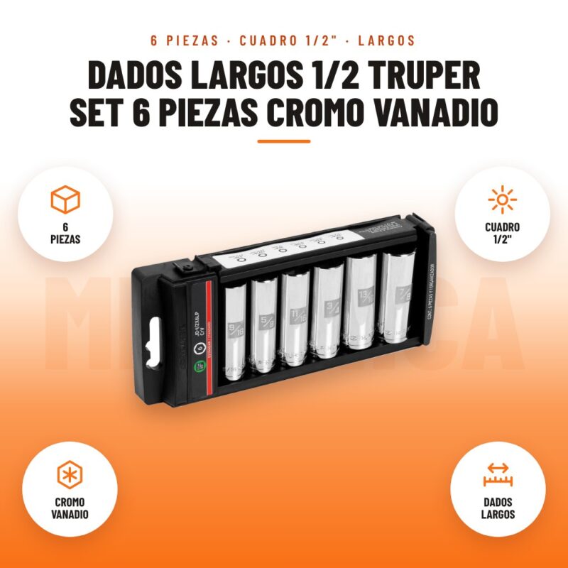 Dados Largos 1/2 Truper Set 6 Piezas Cromo Vanadio: imagen promocional con 6 piezas, cuadro 1/2", cromo vanadio, dados largos