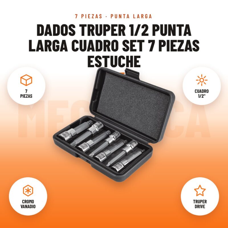 Dados Truper 1/2 Punta Larga Cuadro Set 7 Piezas Estuche: imagen promocional con 7 piezas, cuadro 1/2", cromo vanadio, truper drive