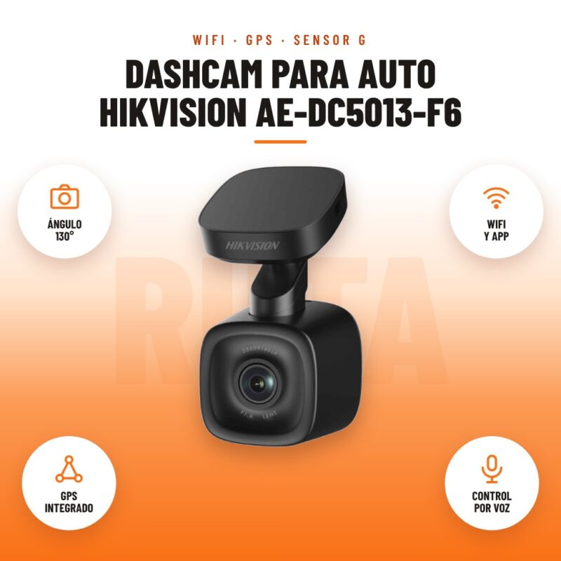 Dashcam para Auto Hikvision AE-DC5013-F6: imagen promocional con ángulo 130°, wifi y app, gps integrado, control por voz
