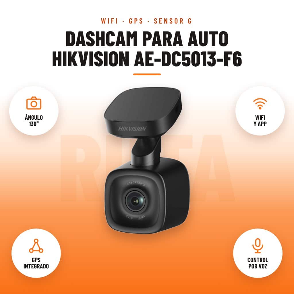 Dashcam para Auto Hikvision AE-DC5013-F6: imagen promocional con ángulo 130°, wifi y app, gps integrado, control por voz
