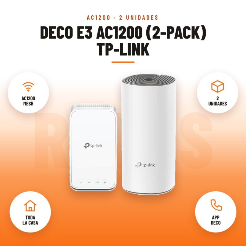 Deco E3 AC1200 (2-pack) Tp-link: imagen promocional con ac1200 mesh, 2 unidades, toda la casa, app deco
