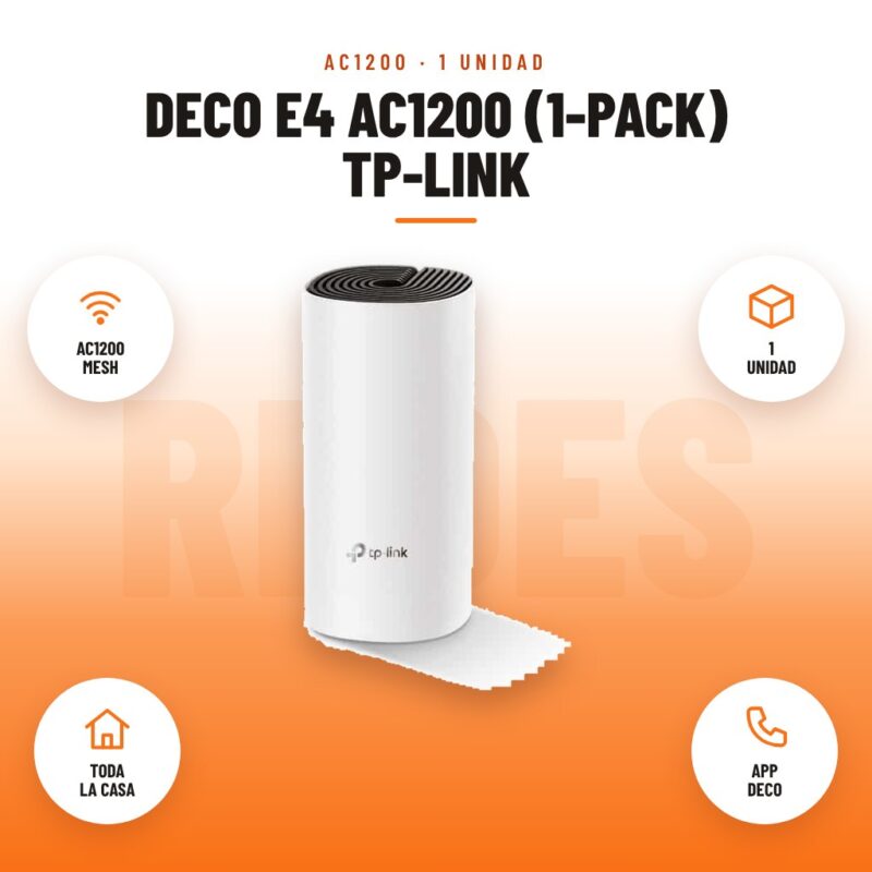 Deco E4 AC1200 (1-pack) Tp-link: imagen promocional con ac1200 mesh, 1 unidad, toda la casa, app deco