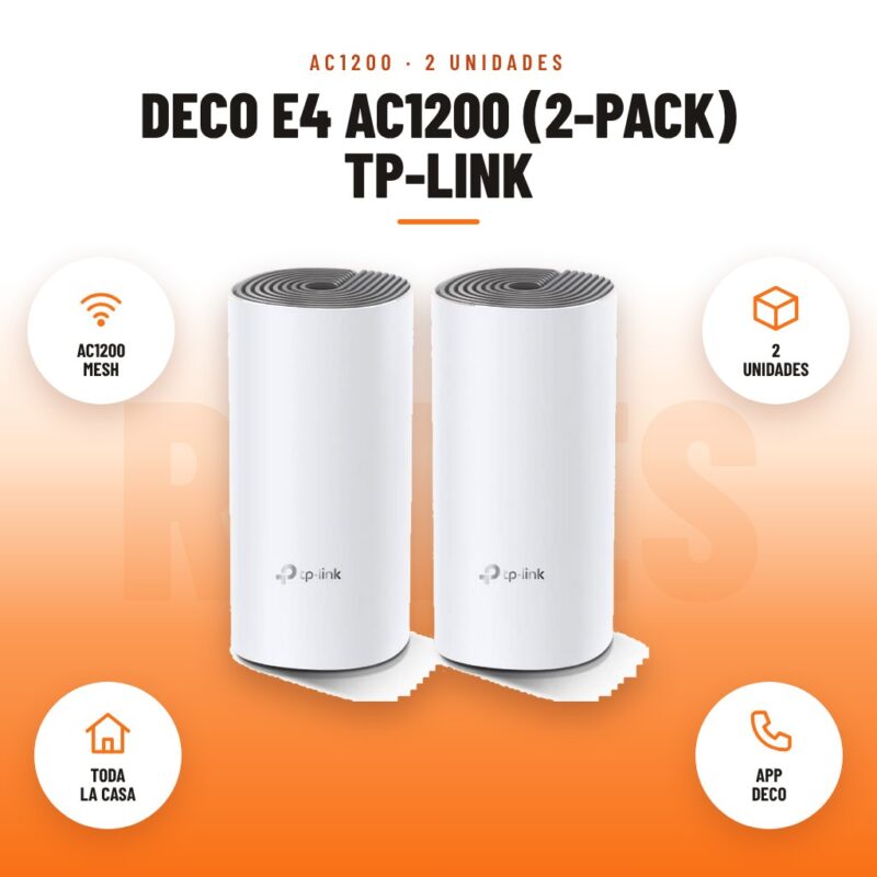 Deco E4 AC1200 (2-pack) Tp-link: imagen promocional con ac1200 mesh, 2 unidades, toda la casa, app deco