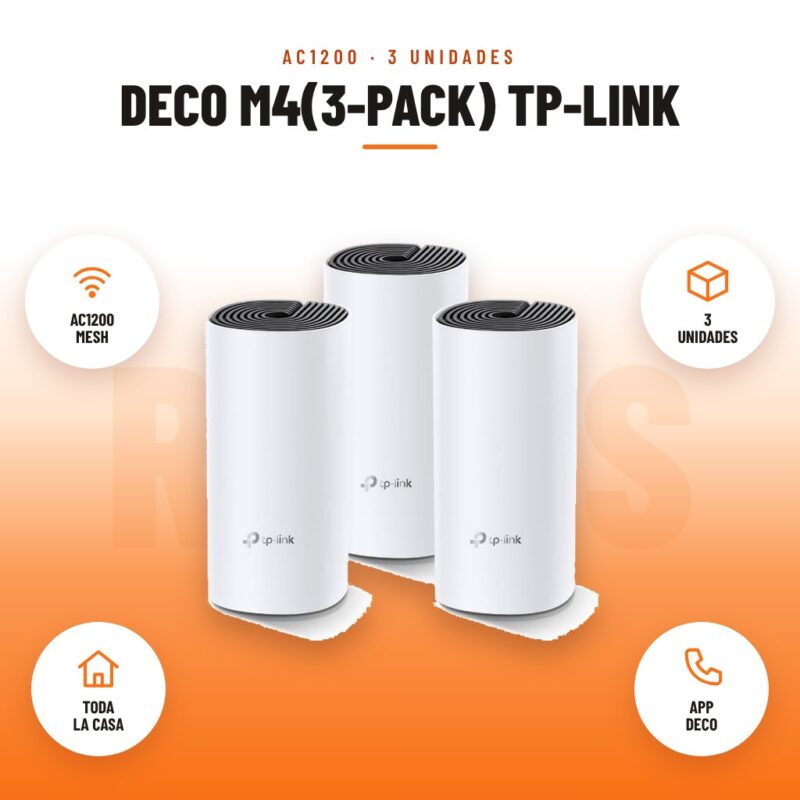 Deco M4(3-pack) Tp-link: imagen promocional con ac1200 mesh, 3 unidades, toda la casa, app deco