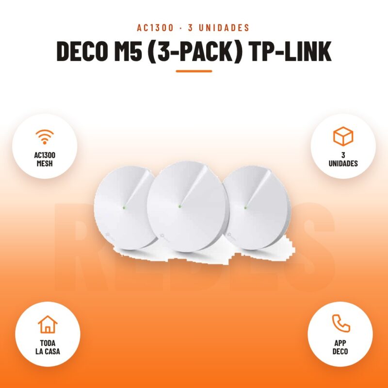 Deco M5 (3-pack) Tp-link: imagen promocional con ac1300 mesh, 3 unidades, toda la casa, app deco