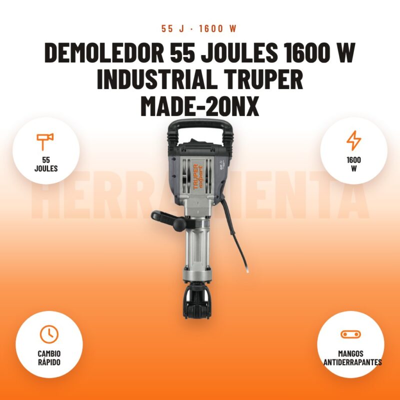 Demoledor 55 joules 1600 W industrial Truper MADE-20NX: imagen promocional con 55 joules, 1600 w, cambio rápido, mangos antiderrapantes
