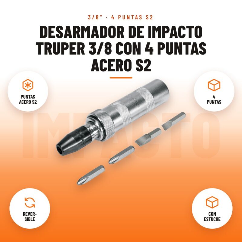 Desarmador de Impacto Truper 3/8 con 4 Puntas Acero S2: imagen promocional con puntas acero s2, 4 puntas, rever- sible, con estuche