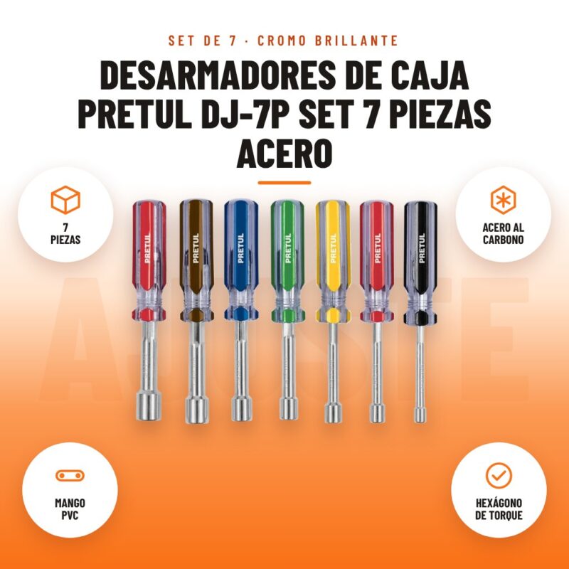 Desarmadores de Caja Pretul DJ-7P Set 7 Piezas Acero: imagen promocional con 7 piezas, acero al carbono, mango pvc, hexágono de torque