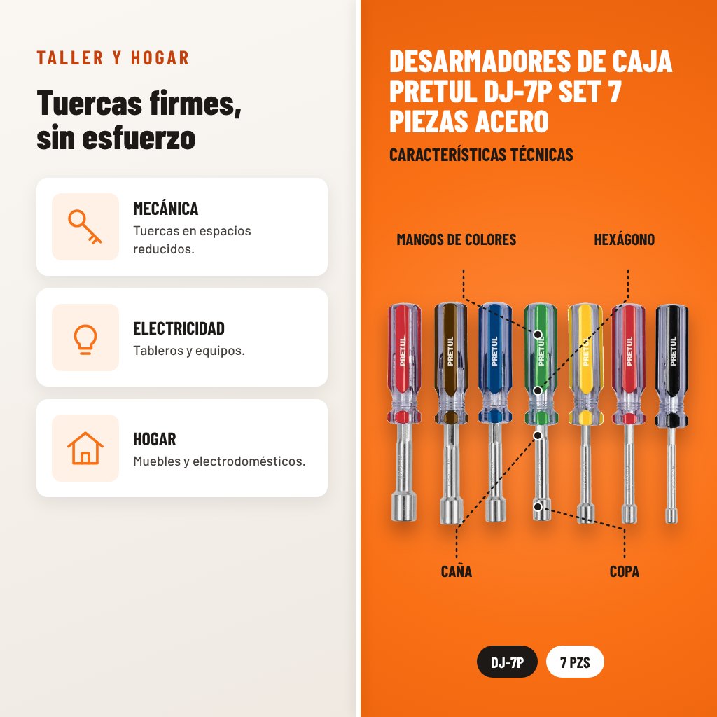 Desarmadores de Caja Pretul DJ-7P Set 7 Piezas Acero: usos y características técnicas señaladas