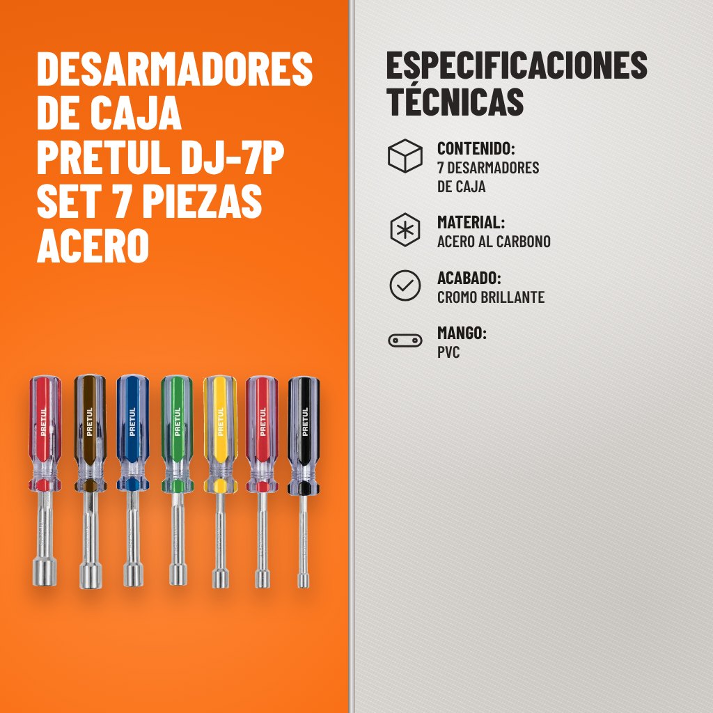 Especificaciones técnicas de Desarmadores de Caja Pretul DJ-7P Set 7 Piezas Acero